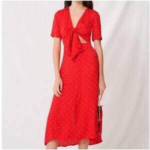 Maje Tie Cutout Dress Polka Dot Textured Print Mid Dress Red Sz Medium Parisian